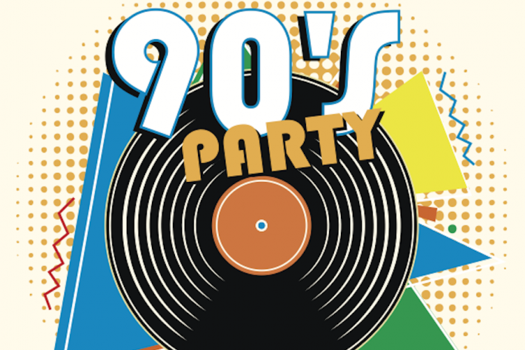graphic that says 90's party and has a vinyl record in the middle